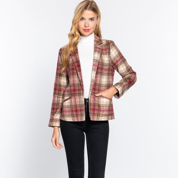 Notched Collar Plaid Jacket - Picture 2 of 4